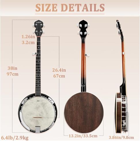 Lotkey 38-Inch 5 String Banjo, Remo Drum Head Full Size Banjos, Removable Resonator with Beginner's Manual, Banjo Strings, Bridge, Tuner, Finger Picks, Strap for Adults, Professional (Glossy Mocha) in Kuwait