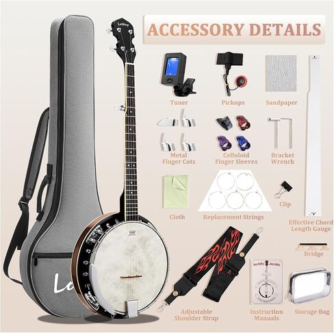 Lotkey 38-Inch 5 String Banjo, Remo Drum Head Full Size Banjos, Removable Resonator with Beginner's Manual, Banjo Strings, Bridge, Tuner, Finger Picks, Strap for Adults, Professional (Glossy Mocha) in Kuwait