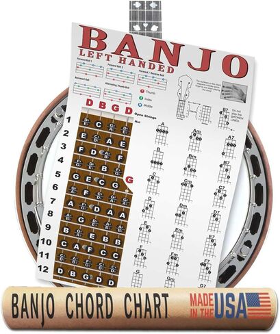 Left Handed Banjo Chart - Rolls, Chords and Fretboard Notes Poster - Open G Tuning 11x17 | A New Song Music in Kuwait