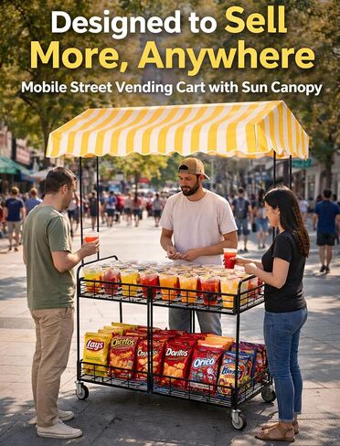 Street Vendor Cart with Canopy, Mobile Food Cart with Wheels for Vendors, Portable Snack and Beverage Vending Cart for Outdoor Markets, Events and Pop-Up Shops in Kuwait