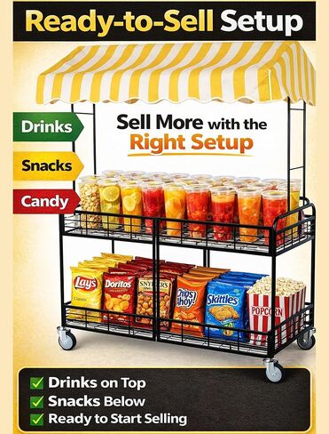 Street Vendor Cart with Canopy, Mobile Food Cart with Wheels for Vendors, Portable Snack and Beverage Vending Cart for Outdoor Markets, Events and Pop-Up Shops in Kuwait