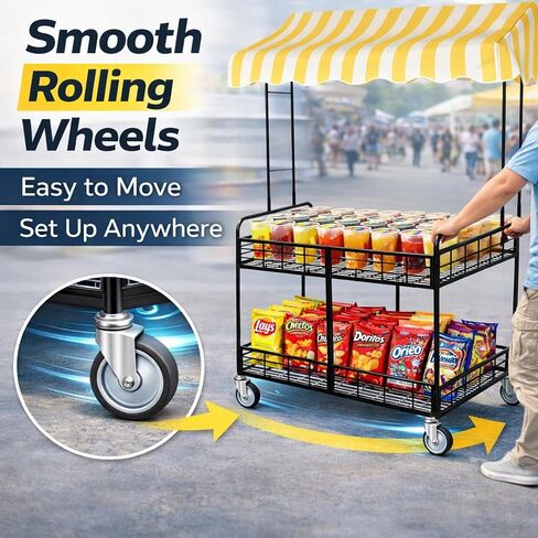 Street Vendor Cart with Canopy, Mobile Food Cart with Wheels for Vendors, Portable Snack and Beverage Vending Cart for Outdoor Markets, Events and Pop-Up Shops in Kuwait