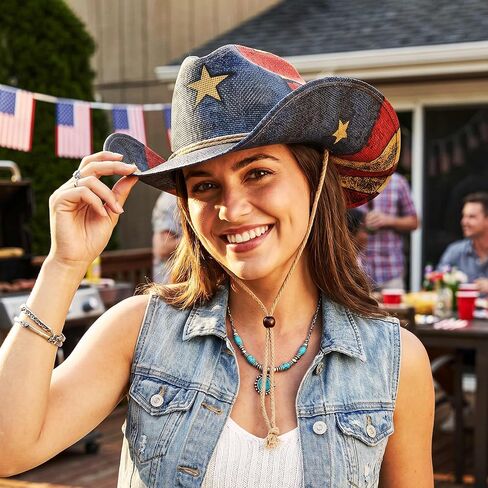 Keilin Straw Cowboy Hat for Women and Men - American Flag Patriotic USA Western Hat 4th July Cowgirl Country Rodeo in Kuwait
