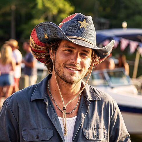 Keilin Straw Cowboy Hat for Women and Men - American Flag Patriotic USA Western Hat 4th July Cowgirl Country Rodeo in Kuwait