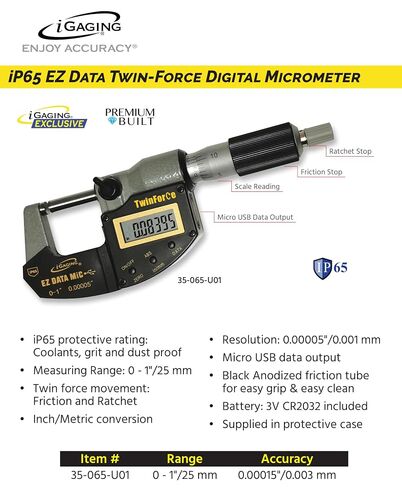 iGAGING 0-1"/0-25mm Twin Force Friction and Ratchet Movement Digital Micrometer, IP65 Rate, 35-065-U01 in Kuwait