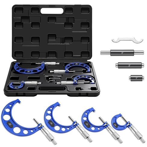 Outside Micrometer Set 0-4" Range, 4-Piece Precision Micrometer Measuring Tools with Carbide Tips, 0.0001" Graduation, Includes Standards & Case in Kuwait