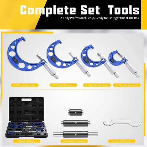 Outside Micrometer Set 0-4" Range, 4-Piece Precision Micrometer Measuring Tools with Carbide Tips, 0.0001" Graduation, Includes Standards & Case in Kuwait