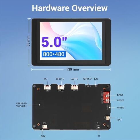 ESP32 Display 800×480, 5 Inch HMI Basic ESP32 RGB TFT LCD Touch Screen with Acrylic Case, 32-Bit LX6 Dual-Core Processor, Up to 240MHz, Compatible with Arduino, LVGL, PlatformIO, MicroPython in Kuwait