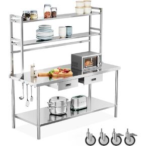 ROVSUN Stainless Steel Table with Wheels & Overshelves 48" X 24", NSF Commercial Heavy Duty Pre Table with Drawers & Adjustable Undershelf，Metal Table with Detachable Hooks for Kitchen Restaurant in Kuwait