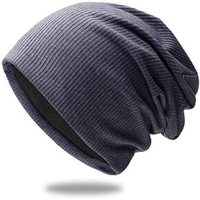 Slouchy Beanie Hat, Striped Knit Oversized Skull Cap, Gray | Unisex Style, Soft Stretch Fabric, Ribbed Texture, Casual Wear, Winter Headwear in Kuwait