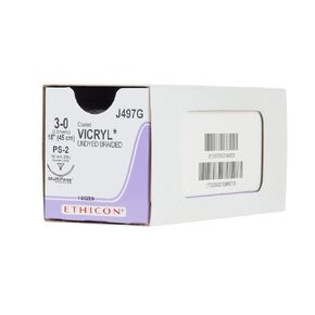 Ethicon J497G، خياطة فيكريل مطلية، صناعية قابلة للامتصاص، PS-2، إبرة دائرية 3/8، مقاس 3-0، مقاس 18 بوصة in Kuwait