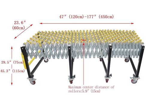 23.6" Wide Unpowered Portable Flexible Conveyor Expandable Length 47"-177" Height Adjustable 29.5"-45.3" Roller Table Conveyor in Kuwait