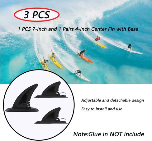 LOOEEL 3PCS Surfing Fins, Inflatable Paddle Board Fins, 1 PCS 7-inch and 1 Pairs 4-inch Center Fin with Base,Detachable Fin Dock Tail Fin for Long Board Paddle Board Surfboard Surfing Kayak Fin-Black in Saudi Arabia