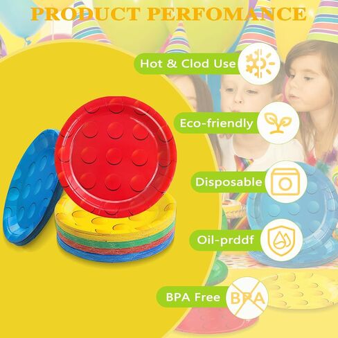 72Pcs Building Block Paper Plates, Colorful Building Bricks Themed Party Supplies 7" Building Block Disposable Plates for Birthday Baby Shower Party Decorations in Kuwait