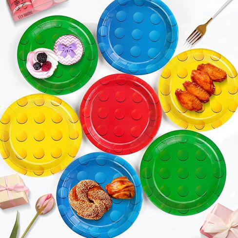 72Pcs Building Block Paper Plates, Colorful Building Bricks Themed Party Supplies 7" Building Block Disposable Plates for Birthday Baby Shower Party Decorations in Kuwait