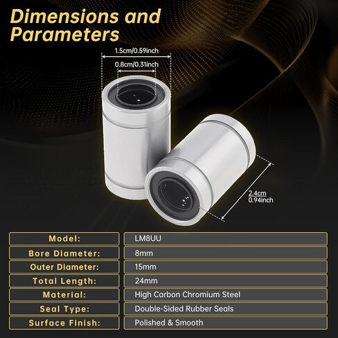 14Pcs LM8UU Linear Ball Bearings, 8mm Bore Dia, 15mm OD, 24mm Length with Double Side Rubber Seal Fit for CNC and 3D Printer Applications in Kuwait
