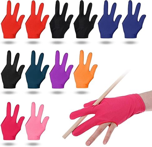 12Pcs Three Fingers Billiard Gloves, Elastic Cue Sports Pool Gloves, Non-Slip Breathable Control Sport Show Glove for Women or Men, Left and Right Hand, Multiple Colors in Kuwait
