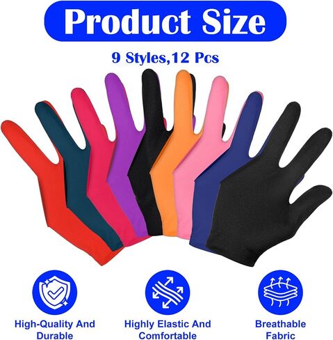12Pcs Three Fingers Billiard Gloves, Elastic Cue Sports Pool Gloves, Non-Slip Breathable Control Sport Show Glove for Women or Men, Left and Right Hand, Multiple Colors in Kuwait