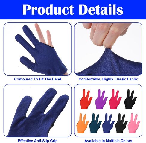 12Pcs Three Fingers Billiard Gloves, Elastic Cue Sports Pool Gloves, Non-Slip Breathable Control Sport Show Glove for Women or Men, Left and Right Hand, Multiple Colors in Kuwait