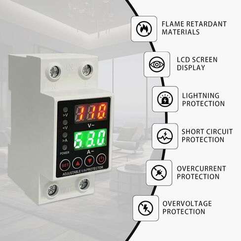واقي الجهد الذكي 63 أمبير 110 فولت 220 فولت، شاشة LCD، حماية من الجهد الزائد/السفلي قابل للتعديل، حامل السكك الحديدية DIN، عبوتان in Kuwait