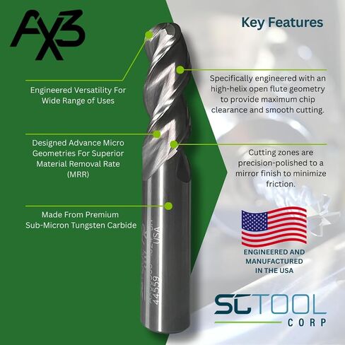 SCT10246 AX3 3-Flute، قطر 3/4 بوصة، أنف كروي، طول القطع 1-3/4 بوصة، قطع مركزي، 4 بوصة OAL، مطلي، قطر عرقوب 3/4 بوصة، مطحنة نهاية كربيد الحلزون المتغيرة عالية الأداء للمواد الحديدية in Kuwait