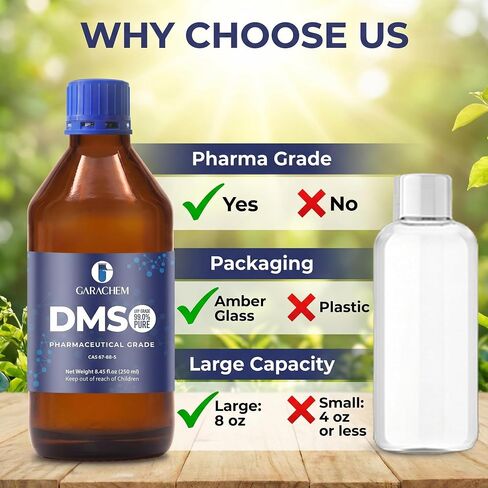 GARACHEM درجة صيدلانية 99.9% DMSO نقي في زجاجة زجاجية، سائل نقي ثنائي ميثيل سلفوكسيد 8 أونصة، غير مخفف، رائحة منخفضة in Kuwait