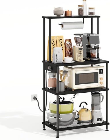 SUPERLELE 4 Tier Baker's Rack with Charging Station, Kitchen Coffee Bar Table with Power Outlets & Paper Towel Holder, 23.6x13x49.2'' Industrial Standing Microwave Shelf for Small Spaces, Black in Kuwait