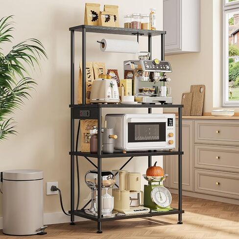 SUPERLELE 4 Tier Baker's Rack with Charging Station, Kitchen Coffee Bar Table with Power Outlets & Paper Towel Holder, 23.6x13x49.2'' Industrial Standing Microwave Shelf for Small Spaces, Black in Kuwait