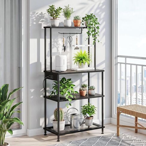 SUPERLELE 4 Tier Baker's Rack with Charging Station, Kitchen Coffee Bar Table with Power Outlets & Paper Towel Holder, 23.6x13x49.2'' Industrial Standing Microwave Shelf for Small Spaces, Black in Kuwait