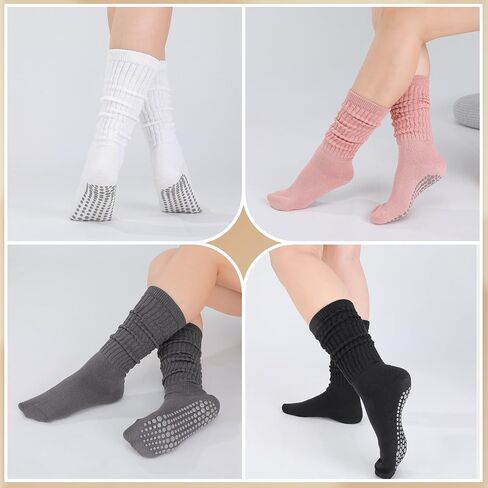 Jspupifip 4 Pairs Pilates Socks with Grips for Women, Long Slouch Non Slip Yoga Scrunch Socks for Barre Hospital Workout in Saudi Arabia