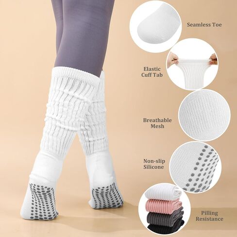 Jspupifip 4 Pairs Pilates Socks with Grips for Women, Long Slouch Non Slip Yoga Scrunch Socks for Barre Hospital Workout in Saudi Arabia