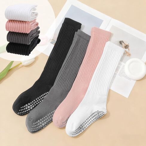 Jspupifip 4 Pairs Pilates Socks with Grips for Women, Long Slouch Non Slip Yoga Scrunch Socks for Barre Hospital Workout in Saudi Arabia
