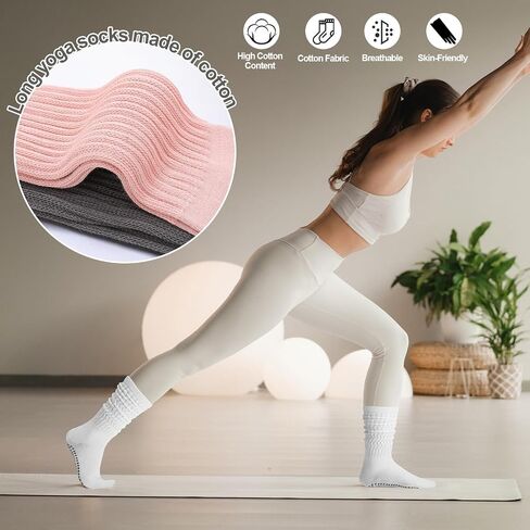 Jspupifip 4 Pairs Pilates Socks with Grips for Women, Long Slouch Non Slip Yoga Scrunch Socks for Barre Hospital Workout in Saudi Arabia