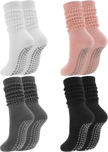 Jspupifip 4 Pairs Pilates Socks with Grips for Women, Long Slouch Non Slip Yoga Scrunch Socks for Barre Hospital Workout in Saudi Arabia