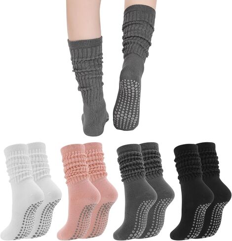 Jspupifip 4 Pairs Pilates Socks with Grips for Women, Long Slouch Non Slip Yoga Scrunch Socks for Barre Hospital Workout in Saudi Arabia