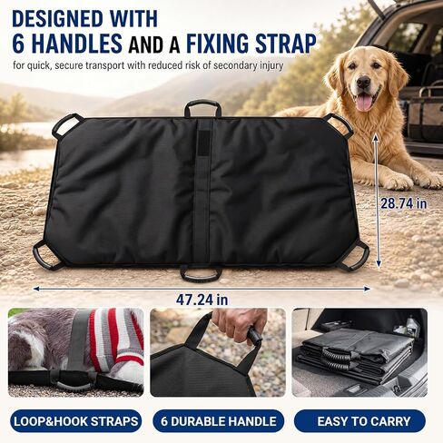 Geiserailie Black Emergency Dog Stretcher for Large Dogs (up to 250 Lbs), Portable Thickened Oxford Fabric Pet Carrier with 6 Handles & Safety Strap, Foldable for Travel & First Aid in Kuwait