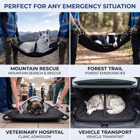 Geiserailie Black Emergency Dog Stretcher for Large Dogs (up to 250 Lbs), Portable Thickened Oxford Fabric Pet Carrier with 6 Handles & Safety Strap, Foldable for Travel & First Aid in Kuwait