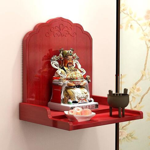 Wall Mounted Altar Shelf for Home Décor, Chinese Guan Gong God of Wealth Pagoda, Wooden Offering Table, Varnished, 16.9" x 14.1" - Spiritual Decor for Prosperity in Kuwait