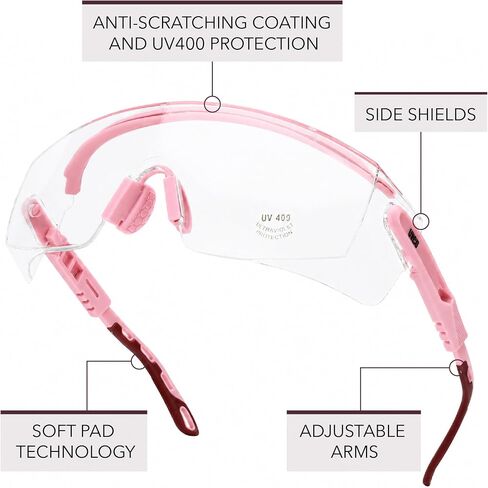 UNCO- Safety Goggles Over Glasses with Clear Wraparound Lens, Light Pink Arms, Anti Fog Safety Glasses for Men and Women, Protective Eyewear in Kuwait
