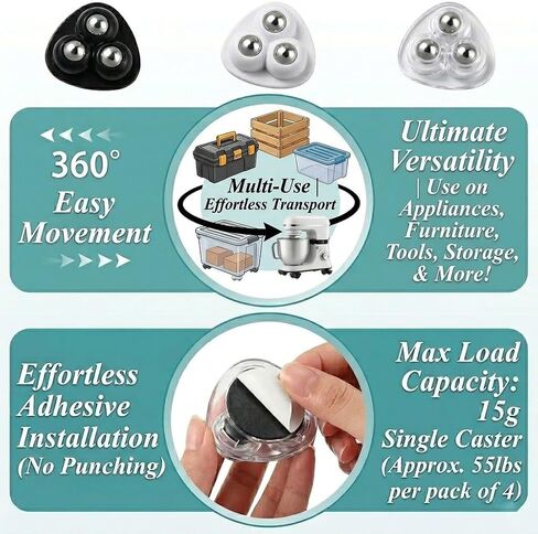 24 Pcs Appliance Sliders, 360° Swivel Mini Casters, Self Adhesive Wheels for Kitchen Appliances, 8 Black 8 White 8 Clear, ABS + 304 Stainless Steel in Kuwait