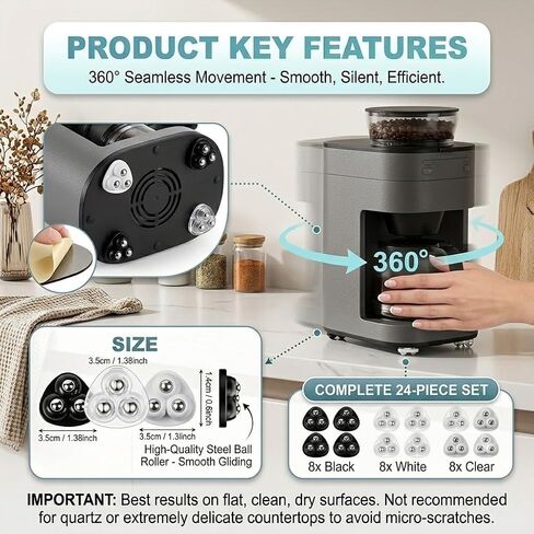 24 Pcs Appliance Sliders, 360° Swivel Mini Casters, Self Adhesive Wheels for Kitchen Appliances, 8 Black 8 White 8 Clear, ABS + 304 Stainless Steel in Kuwait
