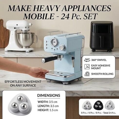 24 Pcs Appliance Sliders, 360° Swivel Mini Casters, Self Adhesive Wheels for Kitchen Appliances, 8 Black 8 White 8 Clear, ABS + 304 Stainless Steel in Kuwait