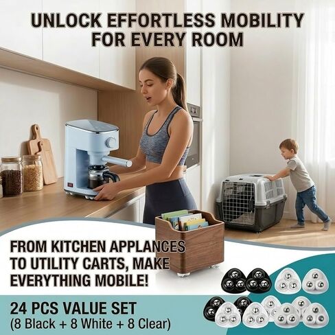 24 Pcs Appliance Sliders, 360° Swivel Mini Casters, Self Adhesive Wheels for Kitchen Appliances, 8 Black 8 White 8 Clear, ABS + 304 Stainless Steel in Kuwait