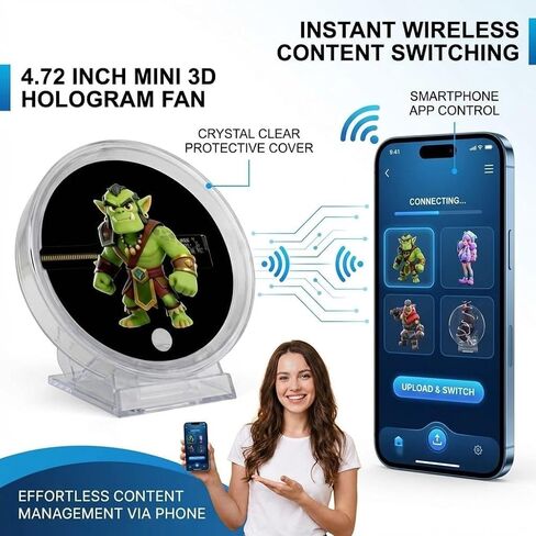 4.7Inch 3D Hologram Fan LED Projector | Protective Cover, WiFi App Control, Remote and Bluetooth Speaker Connection, Mini Holographic Display, For Gifts, Trade Shows in Kuwait