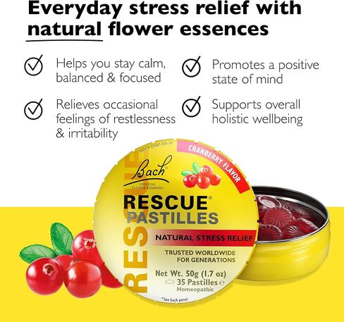 Bach Rescue Pastilles ، نكهة التوت المختلط ، Lozenges ، المثلية ، Essences الزهرة ، 4 حزمة in Kuwait