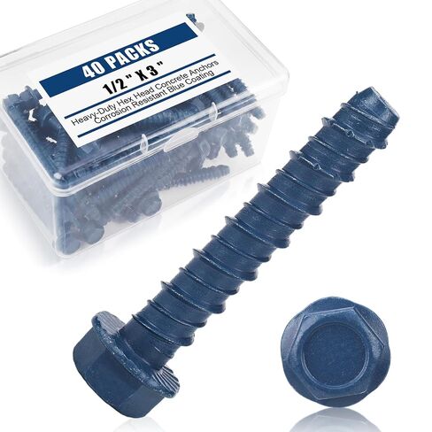 Therwen 40 Pack 5/16 x 2 Inch Concrete Screw Anchors, Hex Washer Head, Galvanized Large Diameter Heavy Duty Plated Concrete Anchors, Brick and Block, Blue (Blue) in Kuwait