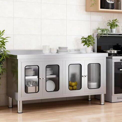 59" Stainless Steel Table Cabinet Heavy Duty Prep Table with 304 Stainless Steel Worktop and 4 Glass Doors Commercial Worktable Workbench with Storage Cabinet for Kitchen Garage Restaurant Outdoor in Kuwait