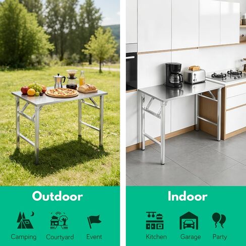 Stainless Steel Folding Table, 36" x 18" Kitchen Prep Table Workbench, Foldable Work Table Countertop with 220 LBS Capacity, No Assembly Required, for Home Kitchen Commercial Garage Outdoor in Kuwait