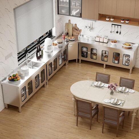 59" Stainless Steel Table Cabinet Heavy Duty Prep Table with 304 Stainless Steel Worktop and 4 Glass Doors Commercial Worktable Workbench with Storage Cabinet for Kitchen Garage Restaurant Outdoor in Kuwait