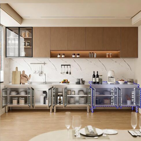 59" Stainless Steel Table Cabinet Heavy Duty Prep Table with 304 Stainless Steel Worktop and 4 Glass Doors Commercial Worktable Workbench with Storage Cabinet for Kitchen Garage Restaurant Outdoor in Kuwait